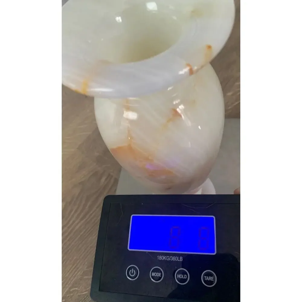 12” Onyx Marble Stone Table Vase Tall Heavy Genuine Polished Flower Cream Ivory - Picture 4 of 14